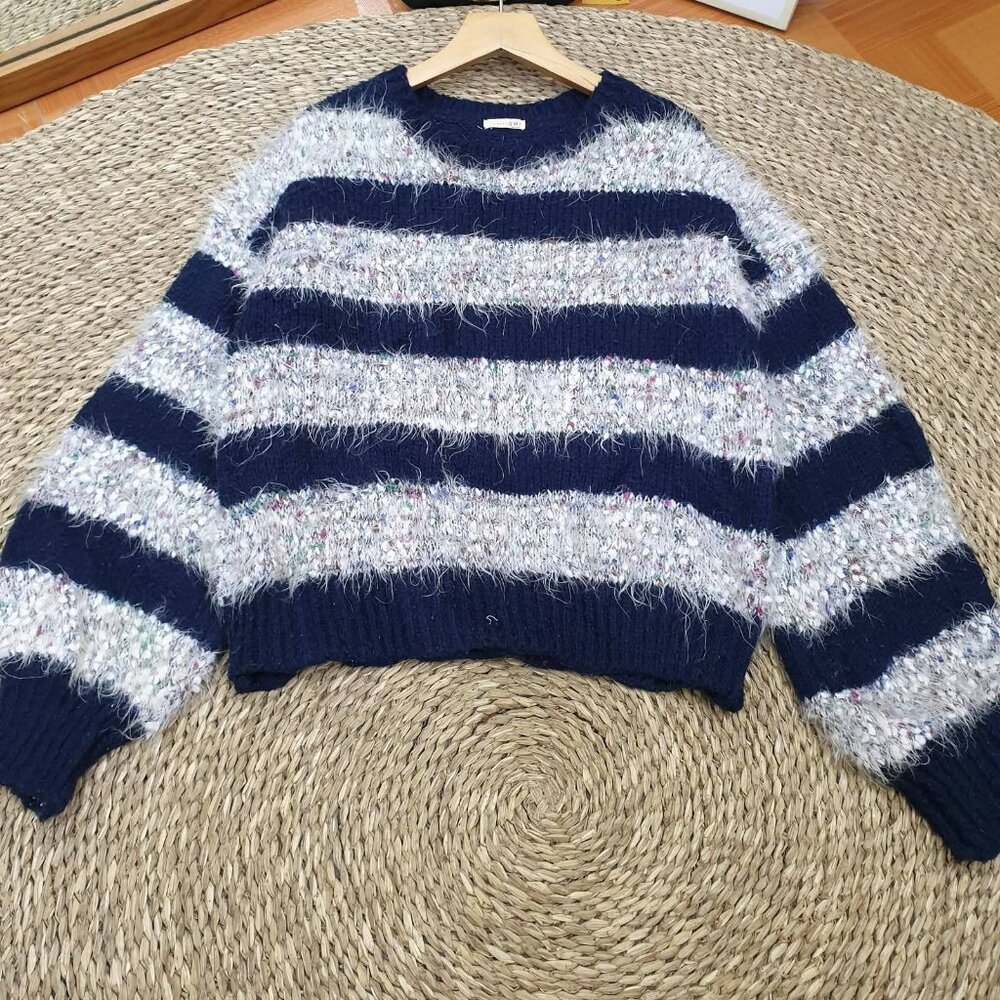 Navy Blue Striped Fuzzy Knit Sweater Cozy Sparkle Pullover